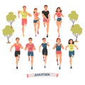 Cheerful People Running Marathon Set, Male and Female Athletes in Sports Uniform Running Outdoors Cartoon Vector Royalty Free Stock Photo