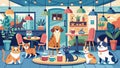 Cheerful Pet Cafe Scene with Dogs and Cats Enjoying Treats Royalty Free Stock Photo