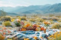 A cheerful picnic scene with a blanket fruits and flowers surrounded by the desert, Generative AI Royalty Free Stock Photo