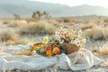 A cheerful picnic scene with a blanket fruits and flowers surrounded by the desert, Generative AI Royalty Free Stock Photo