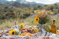 A cheerful picnic scene with a blanket fruits and flowers surrounded by the desert, Generative AI Royalty Free Stock Photo