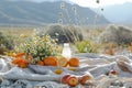 A cheerful picnic scene with a blanket fruits and flowers surrounded by the desert, Generative AI Royalty Free Stock Photo