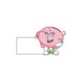 Cheerful piggy bank cartoon character having a board