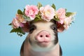 Cheerful piggy fashion model on pastel background with ample text space for creative placement