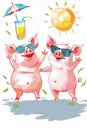 cheerful pigs dance with drinks on sunny day, cute and funny illustration for design use
