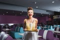 cheerful pin up waitress in dress Royalty Free Stock Photo