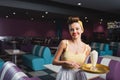 cheerful pin up waitress holding tray Royalty Free Stock Photo