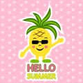 Cheerful pineapple character. Sticker with the inscription "Hello summer".