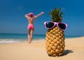 Cheerful pineapple glasses and a woman in a bikini sunbathing on the beach on sea backgrounde beach on sea background.