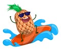 Cheerful pineapple surfs on wave with surfboard. Delicious and wholesome foods, vegetables and fruits. Healthy lifestyle. Cartoon