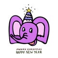 A cheerful pink elephant is smiling in a violet hat in the style of a cartoon with lettering Merry Christmas and Happy Royalty Free Stock Photo