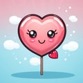 Cheerful Pink Heart Lollipop with Cute Smile on Light Blue Background