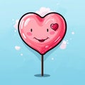 Cheerful Pink Heart Lollipop with Cute Smile on Light Blue Background