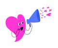 A cheerful pink heart sends many small hearts through the blue horn. A cute heart-shaped character shouts into a