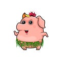 Cheerful pink pig bodysuit is dancing in Hawaii. Cartoon style. Hand drawing. Color vector illustration
