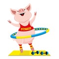 Cheerful pink pig with hula hoop.