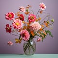 Cheerful Pink Zinnia Arrangement With Gypsophila Twig On Light Background Royalty Free Stock Photo