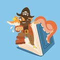 Cheerful pirate with a parrot looks out of an open book. Fairy tale concept