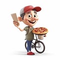 Cheerful pizza delivery guy, funny cute cartoon 3d illustration on white background, creative avatar Royalty Free Stock Photo