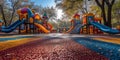 A cheerful playground with bright swings, slides and colorful gaming constructions, against a bright sunny Royalty Free Stock Photo