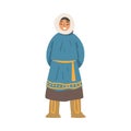 Cheerful Polar Girl Character, North Child in Traditional Eskimos Clothing Cartoon Vector Illustration