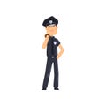 Cheerful police officer in blue uniform with donut, policeman cartoon character vector Illustration on a white