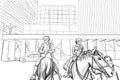 Cheerful police officers on horses in the city. Smiling man hugging the horse. Line art