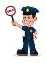 Cheerful policeman holding a sign stop.