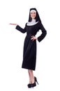 Cheerful posing nun holding isolated on the white