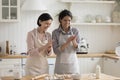 Cheerful positive mature mom and adult child woman baking pies Royalty Free Stock Photo