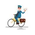 Cheerful postman riding a bicycle. Vector illustration