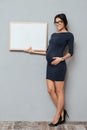 Cheerful pregnant business lady holding copyspace blank.