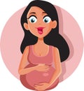 Cheerful Pregnant Woman Feeling Baby Kicking