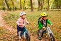 Cheerful preschool kids outdoors on balance bikes Royalty Free Stock Photo