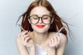 cheerful pretty life woman with glasses eat marmalade emotions sweets joy Royalty Free Stock Photo