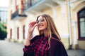 Elegant, trendy outfit Closeup of wrist watch on the hand of stylish woman. Fashionable girl on the street. Female fashion. Royalty Free Stock Photo