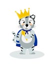 A cheerful, proud striped Bengal tiger in a crown and mantle, the symbol of the year 2022.