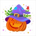 Cheerful pumpkin in a witch`s cap with berries and mushrooms for Halloween.