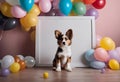 A cheerful puppy sitting on the ground amongst a backdrop of bright and vibrant balloons