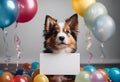 A cheerful puppy sitting on the ground amongst a backdrop of bright and vibrant balloons