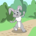 Cheerful rabbit walks on a path in the woods. Vector