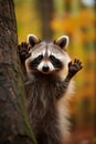 Cheerful raccoon joyfully smiling with adorable paws raised in an endearing pose