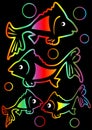 Cheerful rainbow neon fishes on black background Royalty Free Stock Photo