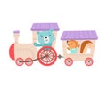 Cheerful Red Cheeked Bear and Squirrel Driving Toy Wheeled Train Vector Illustration