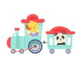 Cheerful Red Cheeked Chicken and Panda Driving Toy Wheeled Train Vector Illustration