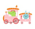 Cheerful Red Cheeked Crocodile and Hare Driving Toy Wheeled Train Vector Illustration