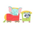 Cheerful Red Cheeked Elephant and Raccoon Driving Toy Train Vector Illustration