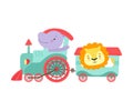 Cheerful Red Cheeked Hippo and Lion Driving Toy Wheeled Train Vector Illustration