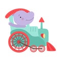 Cheerful Red Cheeked Hippo Waving Paw Driving Toy Wheeled Train Vector Illustration