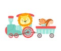 Cheerful Red Cheeked Lion and Squirrel Driving Toy Train Vector Illustration
